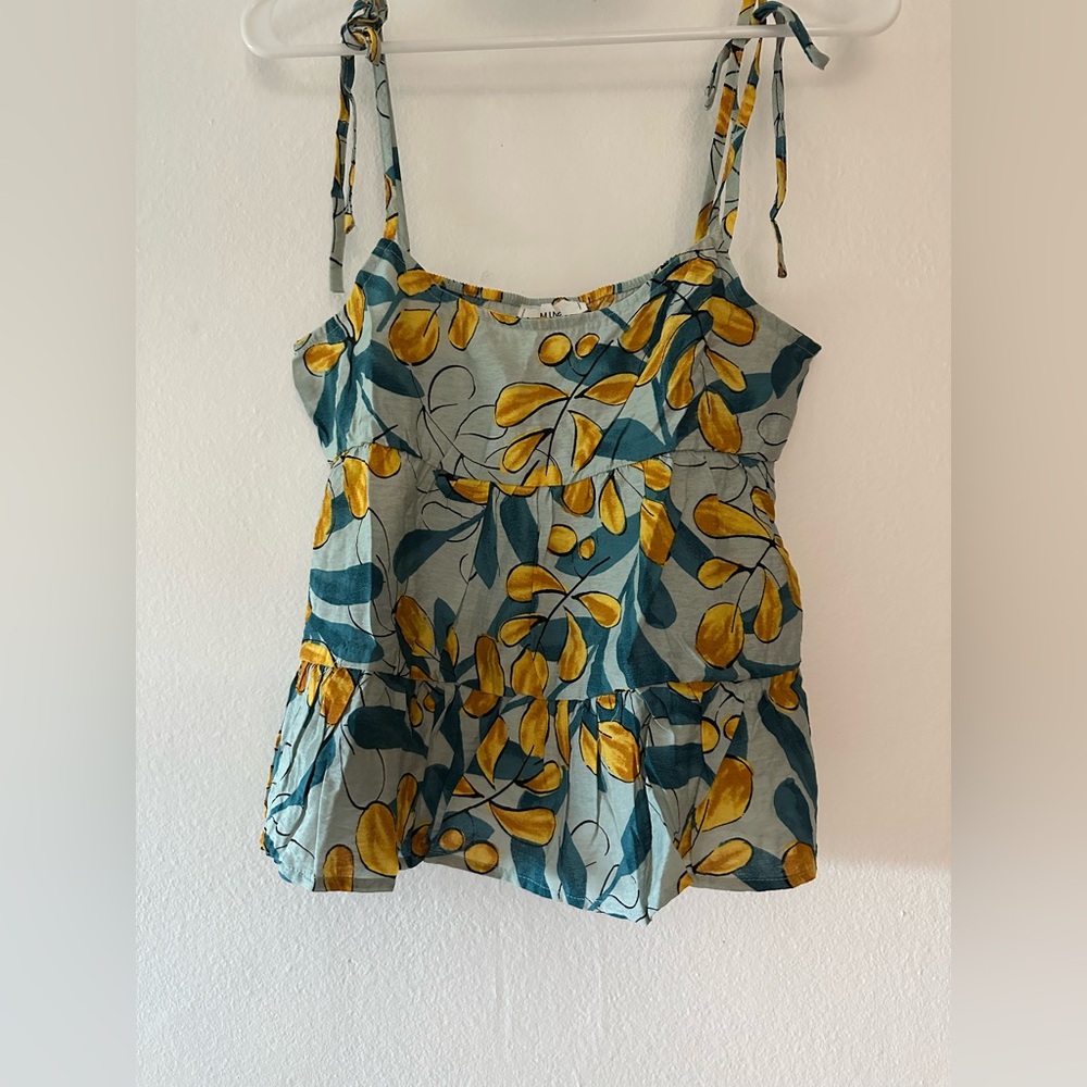 Mine tank top with yellow and turquoise print, adjustable straps, medium.